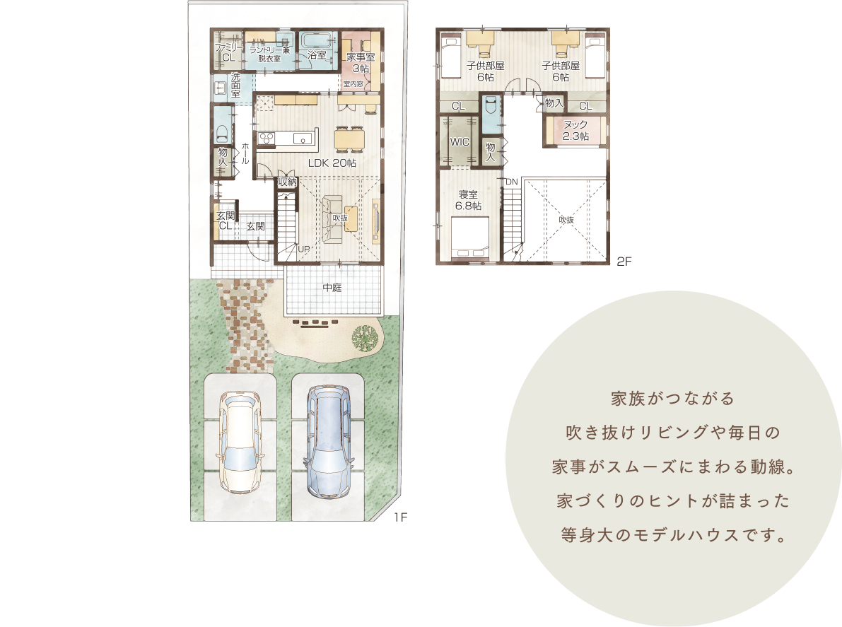 吹き抜けリビングや毎日の家事がスムーズにまわる動線