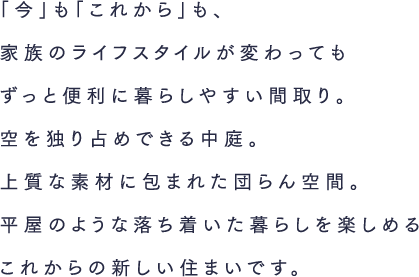 「今」も「これから」も、家族のライフスタイルが変わってもずっと便利に暮らしやすい間取り。空を独り占めできる中庭。上質な素材に包まれた団らん空間。平屋のような落ち着いた暮らしを楽しめるこれからの新しい住まいです。